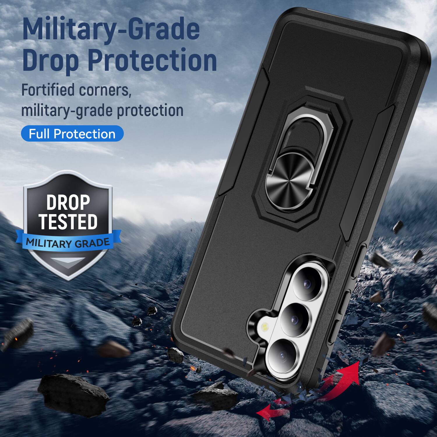 Military-Grade Drop Protection  
Fortified corners, military-grade protection  
Full Protection  

DROP TESTED  
MILITARY GRADE