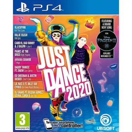 PS4
JUST DANCE 2020
FEATURING A BRAND NEW SONG FROM BLACKPINK - Kill This Love
BILLIE EILISH - bad guy
CARDI B, BAD BUNNY & J BALVIN - I Like It
PANIC! AT THE DISCO - High Hopes
ARIANA GRANDE - 7 rings
DADDY YANKEE FT. SNOW - Con Calma
ED SHEERAN & JUSTIN BIEBER - Don't Care
LIL NAS X FT. BILLY RAY CYRUS - Old Town Road (Remix)
DJ SNAKE FT. SELENA GOMEZ, OZUNA, CARDI B - Taki Taki
Disney FROZEN II AVAILABLE NOVEMBER 22"
Turn your smartphone into a controller!
www.pegi.info
UBISOFT - E (Everyone)