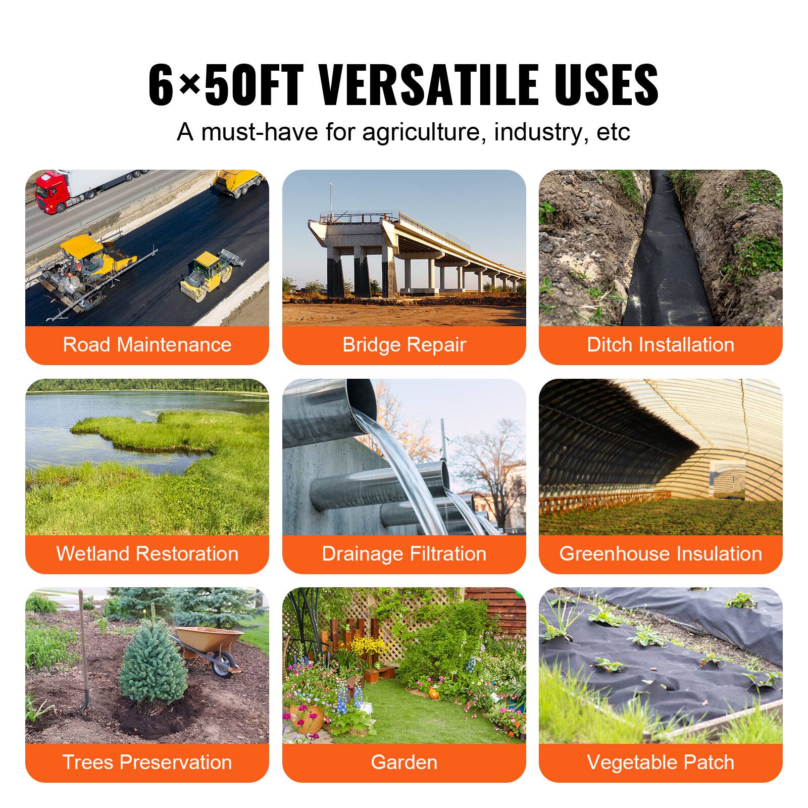 6x50FT VERSATILE USES
A must-have for agriculture, industry, etc.
Road Maintenance
Bridge Repair
Ditch Installation
Wetland Restoration
Drainage Filtration
Greenhouse Insulation
Trees Preservation
Garden
Vegetable Patch