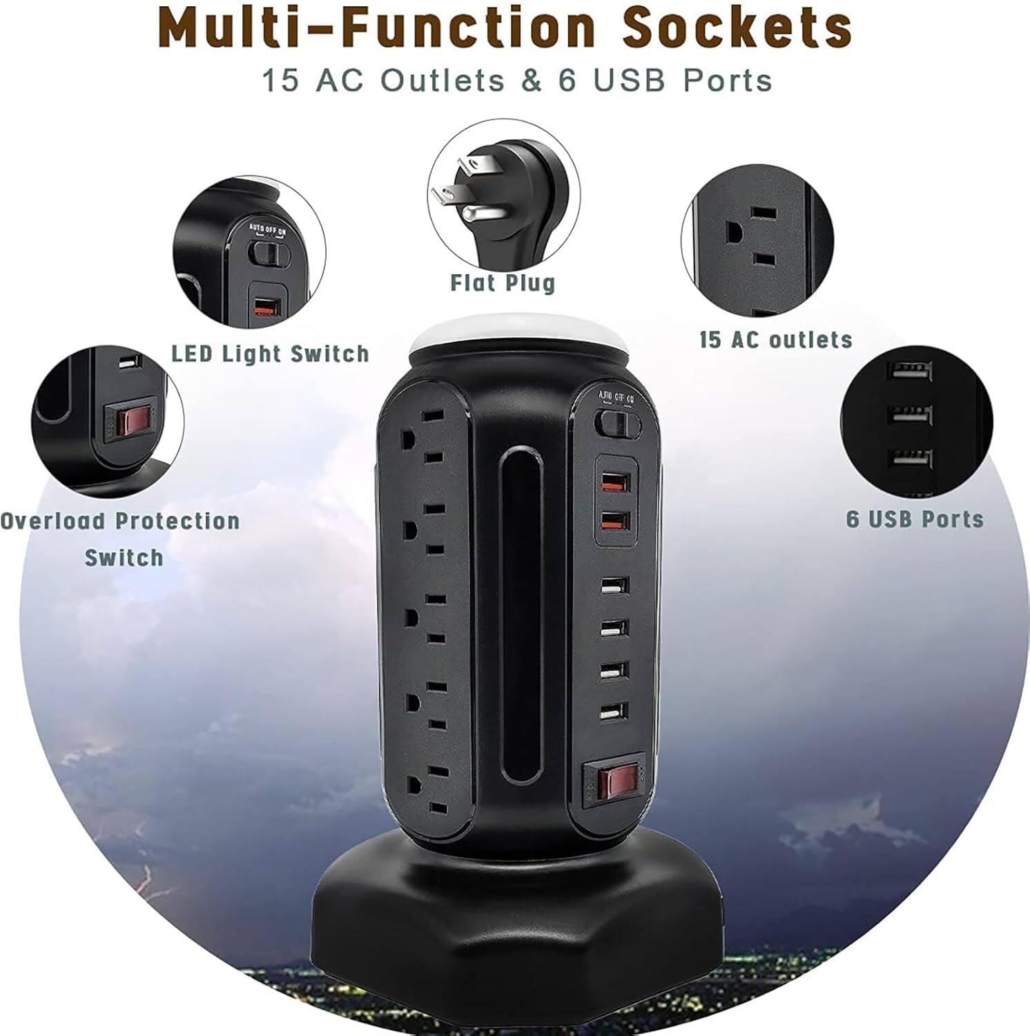Multi-Function Sockets  
15 AC Outlets & 6 USB Ports  
T5 Flat Plug  
LED Light Switch  
Overload Protection Switch