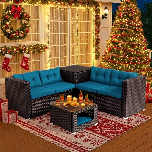 Alt View 9. Winado - 4PCS Patio Rattan Wicker Furniture Sets w/ Glass Top Coffee Table with Pet Ped, Hidden Storage In/Outdoor Garden Balcony - Black & Peacock Green Cushion.