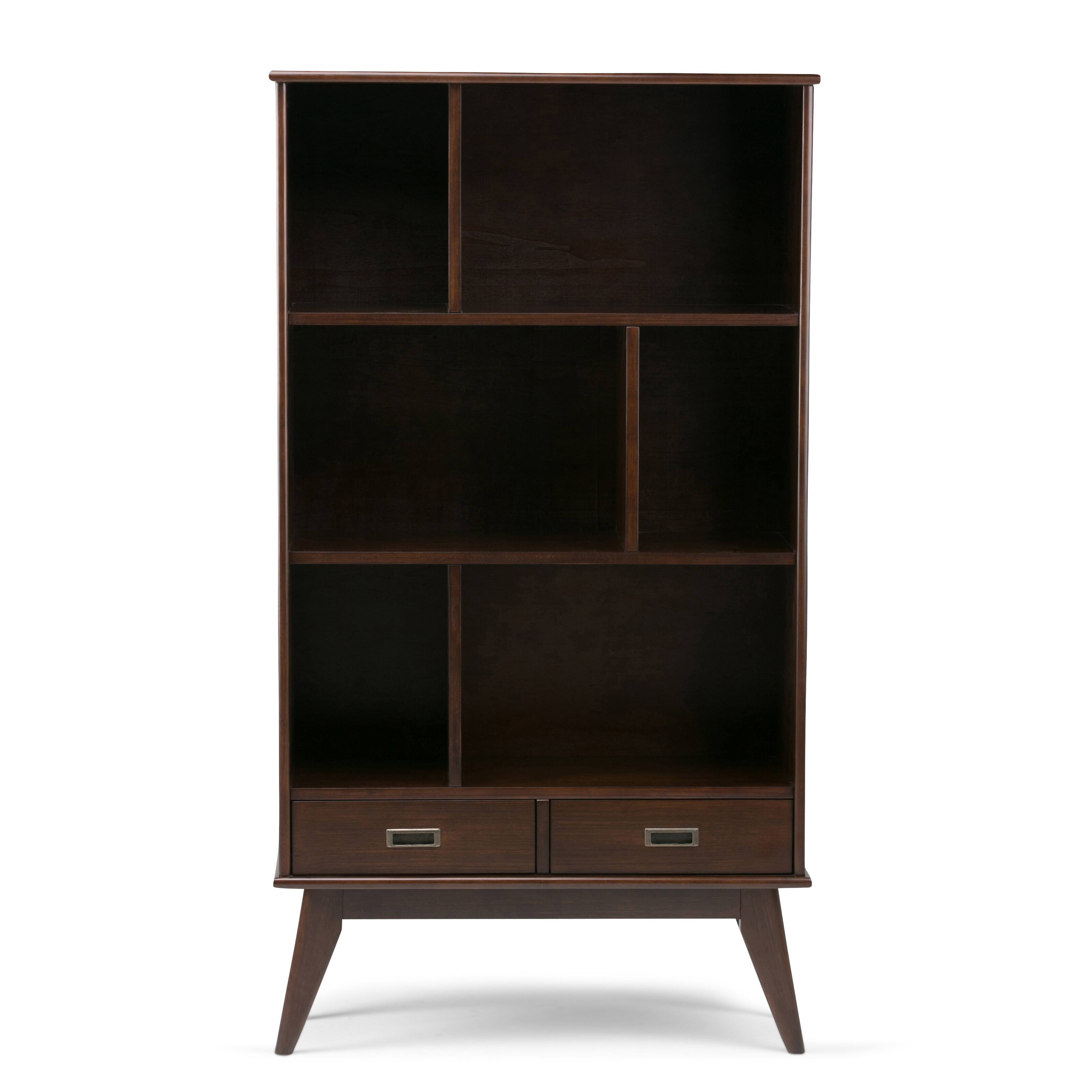 Left. Simpli Home - Draper 35 inch 6 Cubbie Bookcase (Set of 2) - Medium Auburn Brown.