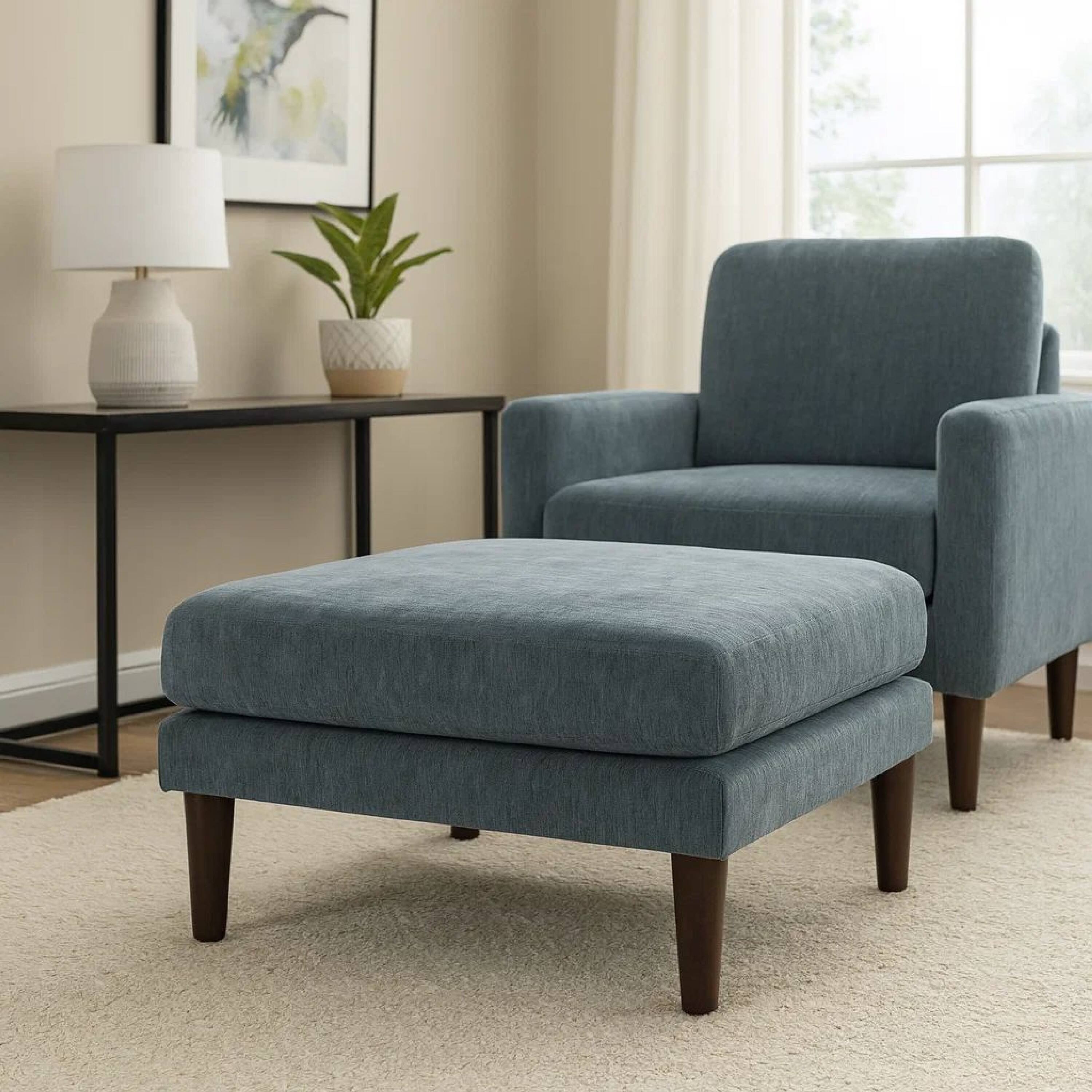 Alt View 7. Manhattan Lane - Rio 32 Inch Modular Ottoman, Box Cushion Seat, Wood Legs, Slate Blue Fabric - Blue.