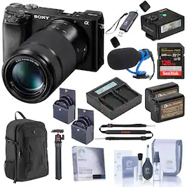 Bundle - Sony - Alpha a6100 Camera w/16-50mm 55-210mm Lens, w/128GB Card, Mini Flash