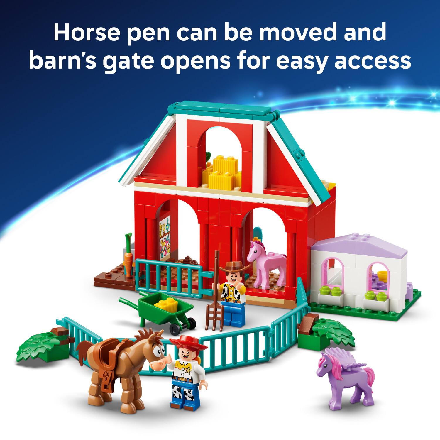 Horse pen can be moved and barn's gate opens for easy access
