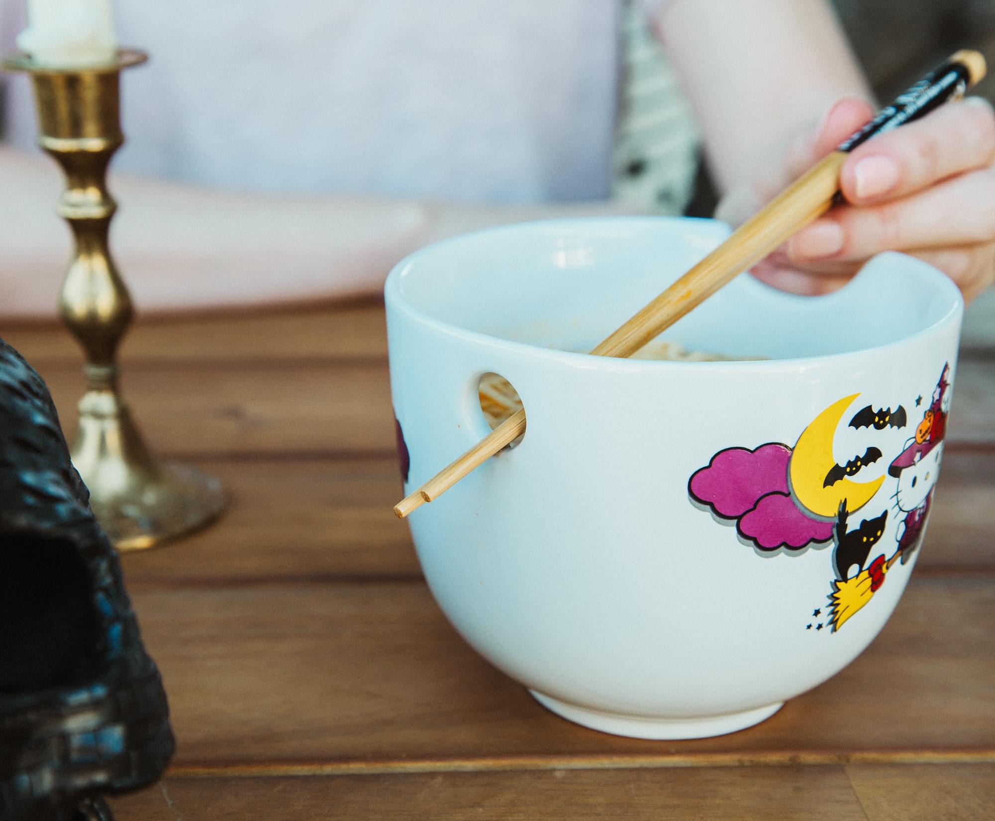Alt View 4. Silver Buffalo - Sanrio Hello Kitty Witch 20-Ounce Ceramic Ramen Bowl and Chopstick Set - Purple.