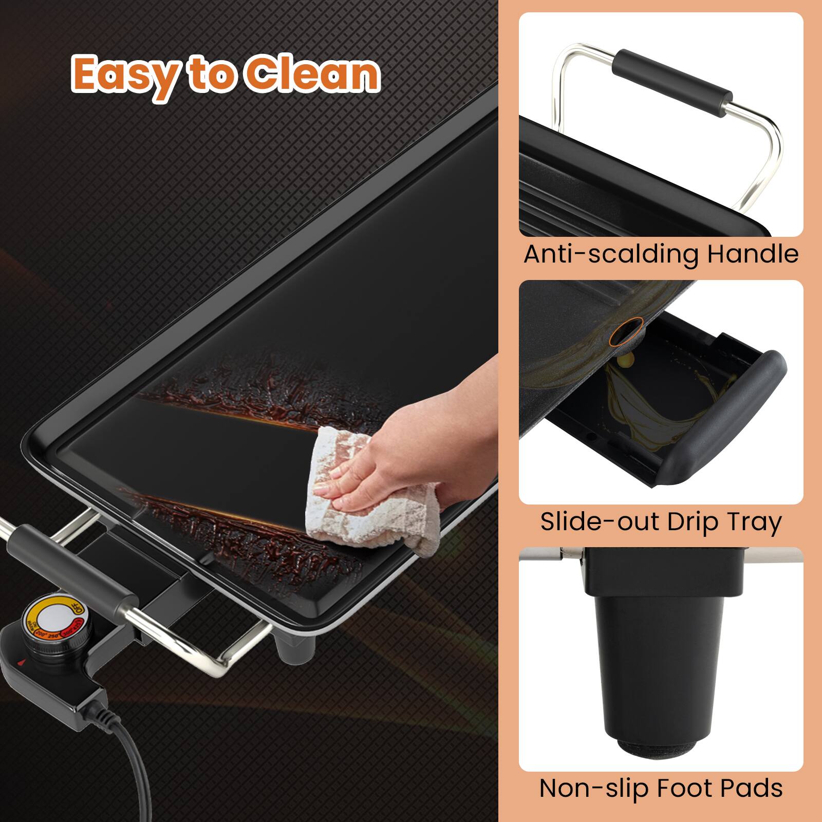 Easy to Clean  
Anti-scalding Handle  
Slide-out Drip Tray  
Non-slip Foot Pads