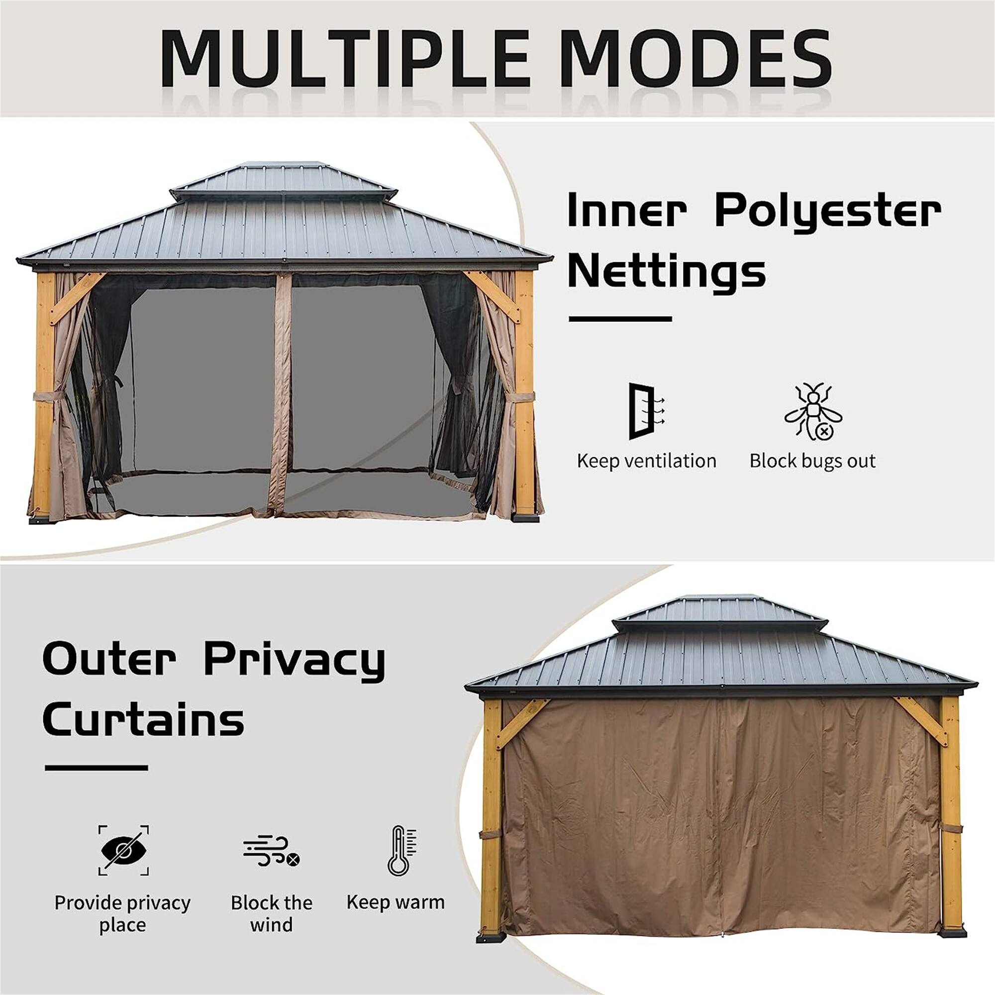 MULTIPLE MODES

Inner Polyester Nettings
- Keep ventilation
- Block bugs out

Outer Privacy Curtains
- Provide privacy place
- Block the wind
- Keep warm