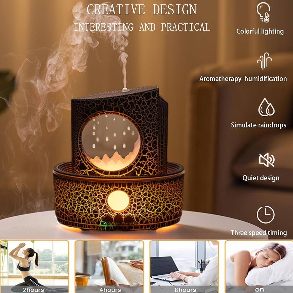 CREATIVE DESIGN  
INTERESTING AND PRACTICAL  

- Colorful lighting  
- Aromatherapy humidification  
- Simulate raindrops  
- Quiet design  
- Three speed timing  

2 hours  
4 hours  
8 hours  
on