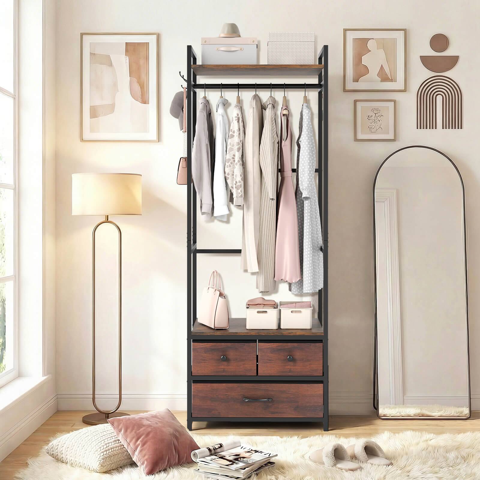 Alt View 3. Costway - Costway Clothes Rack with Drawers, Shelves, Side Hooks, Metal Frame for Entryway, Wardrobe - Rustic Brown,Black.