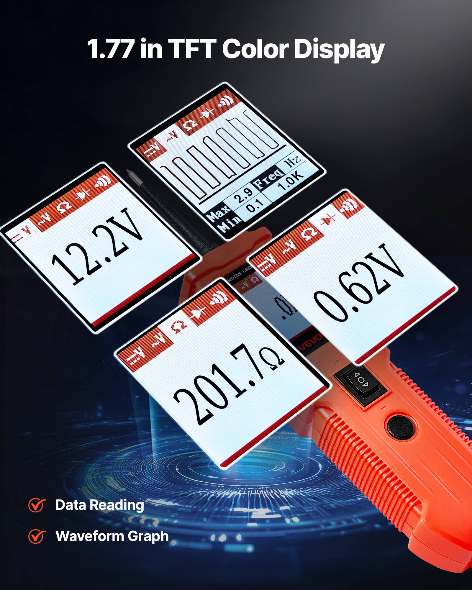 1.77 in TFT Color Display

Max 2.9 0.1 Freq 1.0K Hz

Min =V 52 12.2V

MOTIVE -4 CINO 92

0.62V

201.7 Ω

Data Reading

Waveform Graph