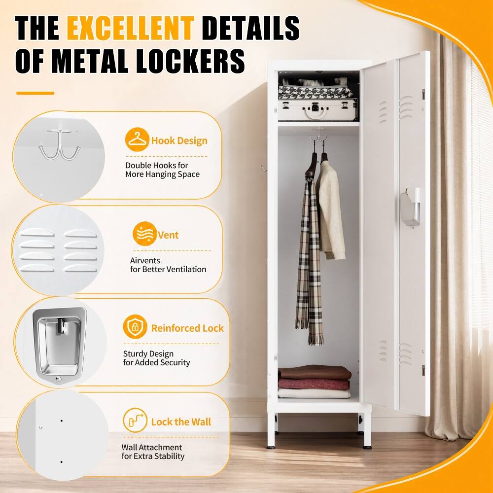 THE EXCELLENT DETAILS OF METAL LOCKERS

- Hook Design
  - Double Hooks for More Hanging Space

- Vent
  - Airvents for Better Ventilation

- Reinforced Lock
  - Sturdy Design for Added Security

- Lock the Wall
  - Wall Attachment for Extra Stability