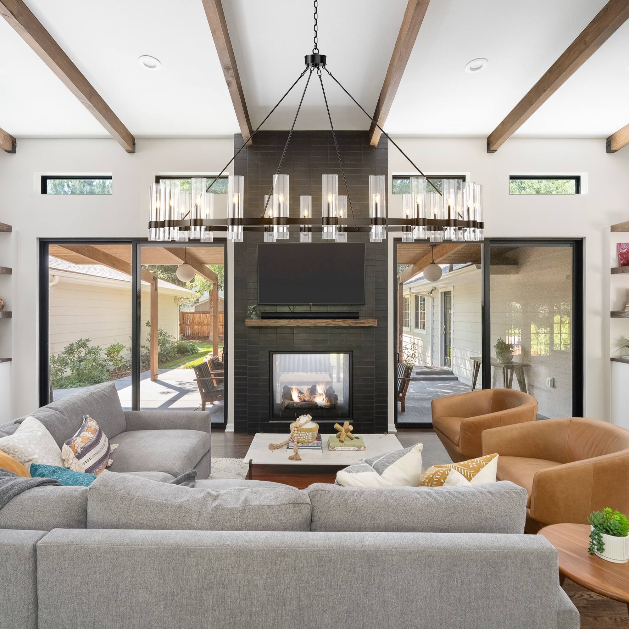 Alt View 2. RYHNUYNE - 59 Inch 24-Light Wagon Wheel Chandelier Large Adjustable Farmhouse Pendant Light with Glass Shades.