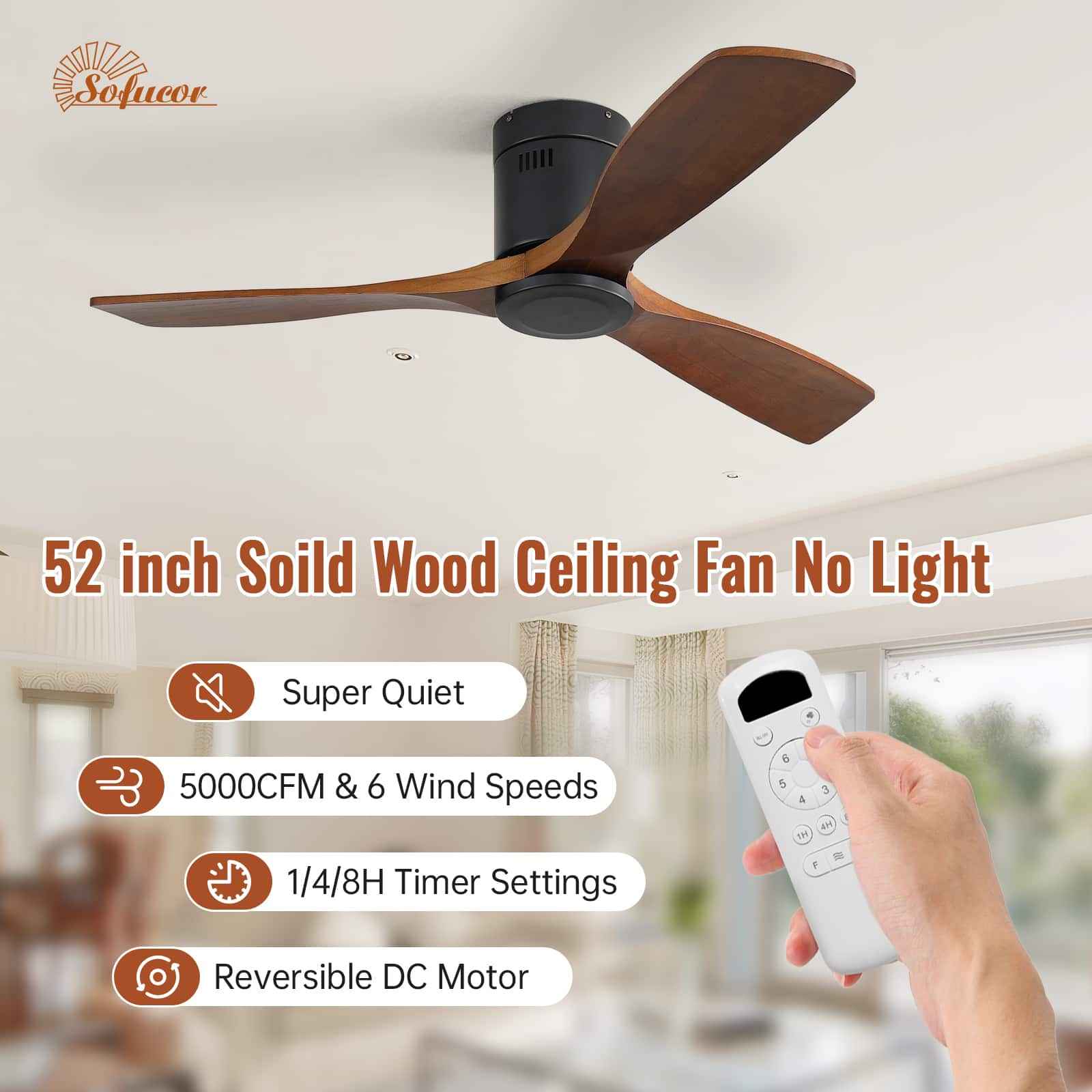 Sofucor - 52 Inch Black Ceiling Fan No Night with Remote 6 Speed/Solid Wood Blades/Bedroom Low Profile Ceiling Fans Quiet - Black Walnut Wood