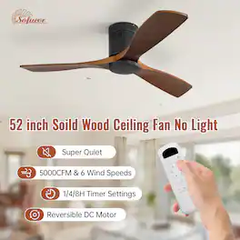 Sofucor - 52 Inch Black Ceiling Fan No Night with Remote 6 Speed/Solid Wood Blades/Bedroom Low Profile Ceiling Fans Quiet - Black Walnut Wood