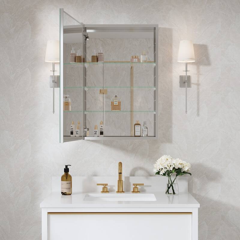 Alt View 1. WELLFOR - 20 in. W x 30 in. H Rectangular Aluminum Recess or Surface Mount Medicine Cabinet with Mirror, Soft Close Door - Silver.