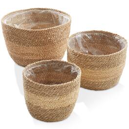 Casafield - Set of 3 Seagrass Planter Baskets - Natural Flower Pot Covers w Liners - Two-Tone