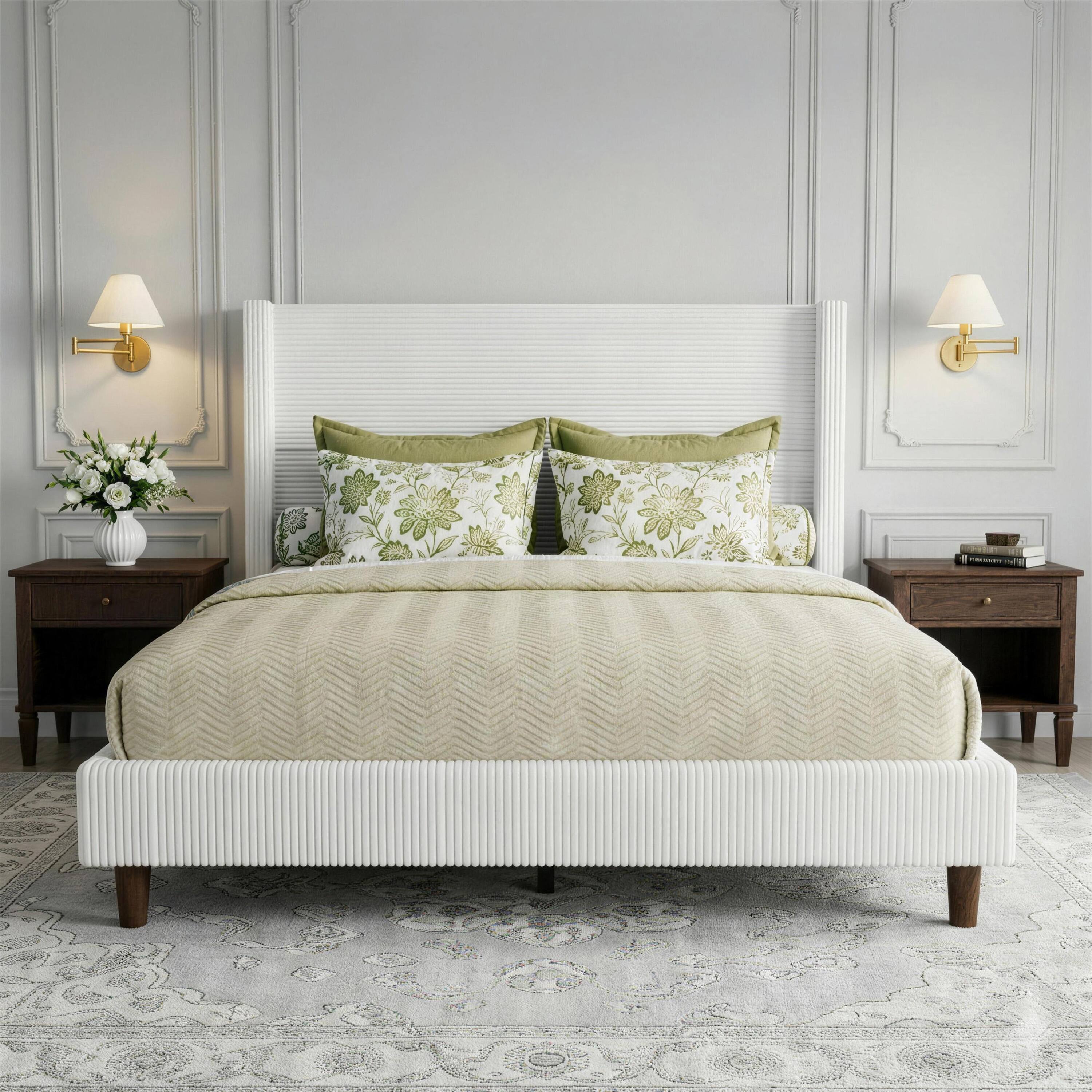 Back. Vipbear - Queen Size Bed Frame with 56" Wingback Headboard, Upholstered Platform Bed, No Box Spring Needed - beige.