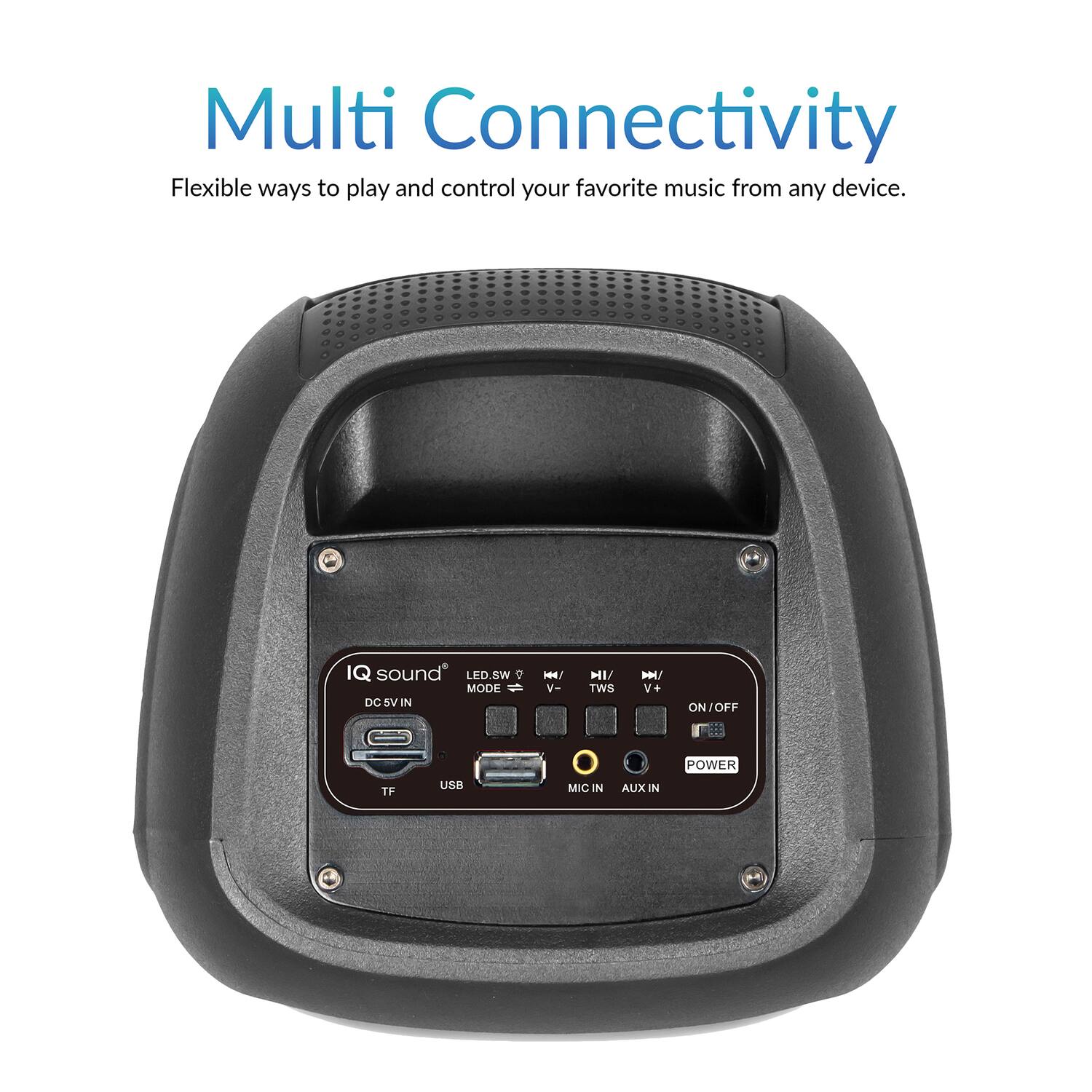 Multi Connectivity  
Flexible ways to play and control your favorite music from any device.  

IQ sound  
LED.SW  
MODE  
DC 5V IN  
HH  
V-  
TWS  
V+  
ON/OFF  
ON  
TF  
USB  
MIC IN  
AUX IN  
POWER