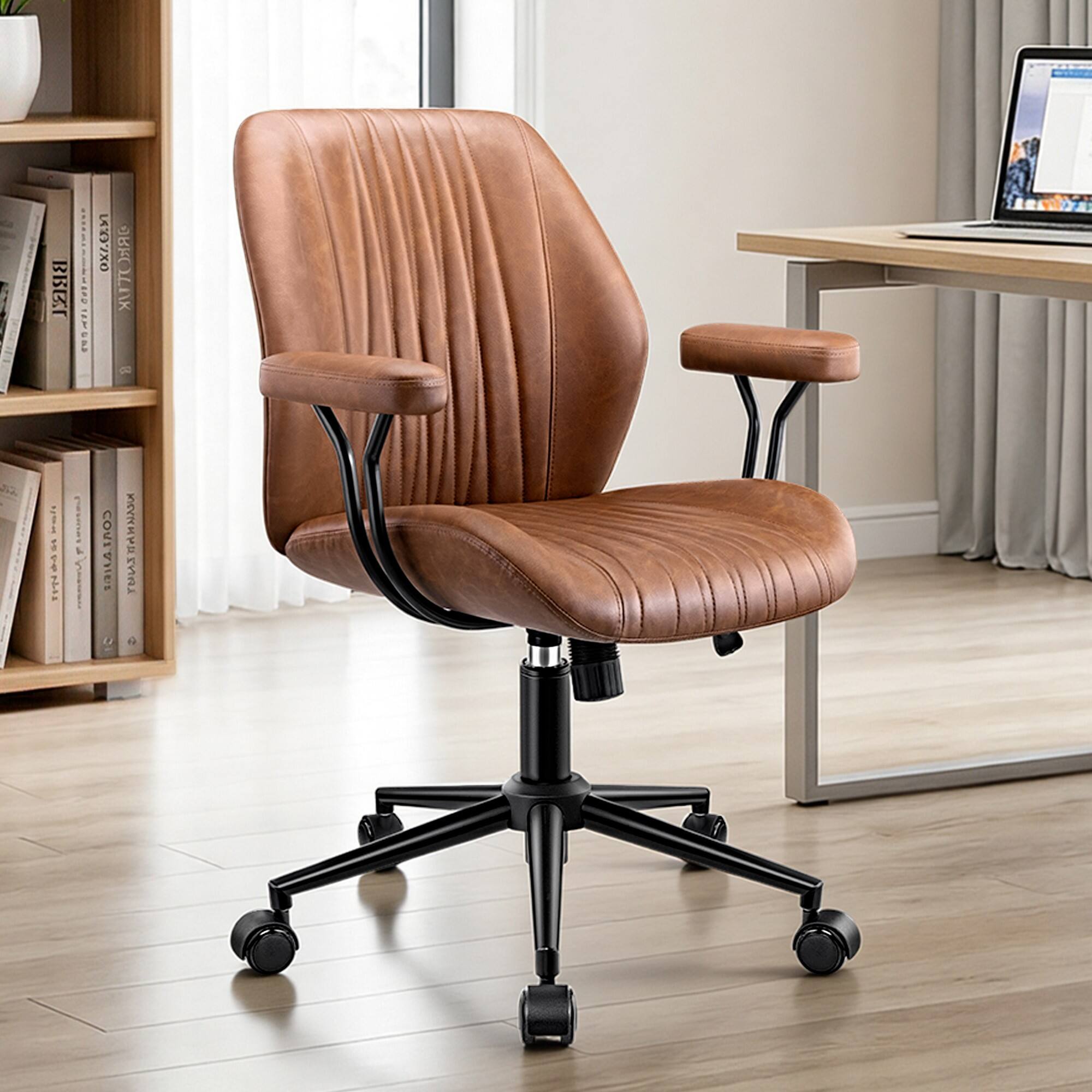 KERDOM - Mid Back Ergonomic Home Office Chair with Lumbar Support & Removable Armrest, Rocking Swivel Vanity Chair Desk Chair - Brown