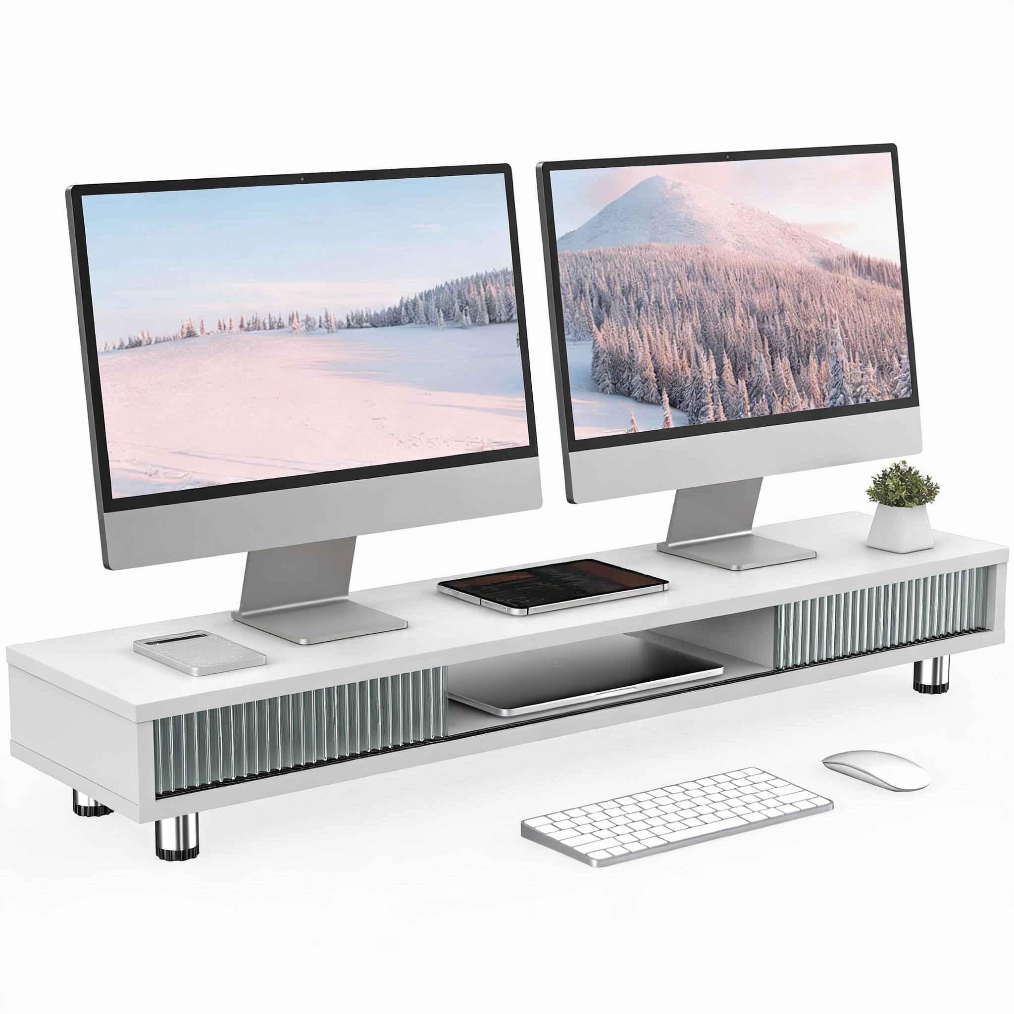Front. CovertSafe - Dual Monitor Stand 42.5" Riser 2-Tier Storage Shelf 110 lbs - White.