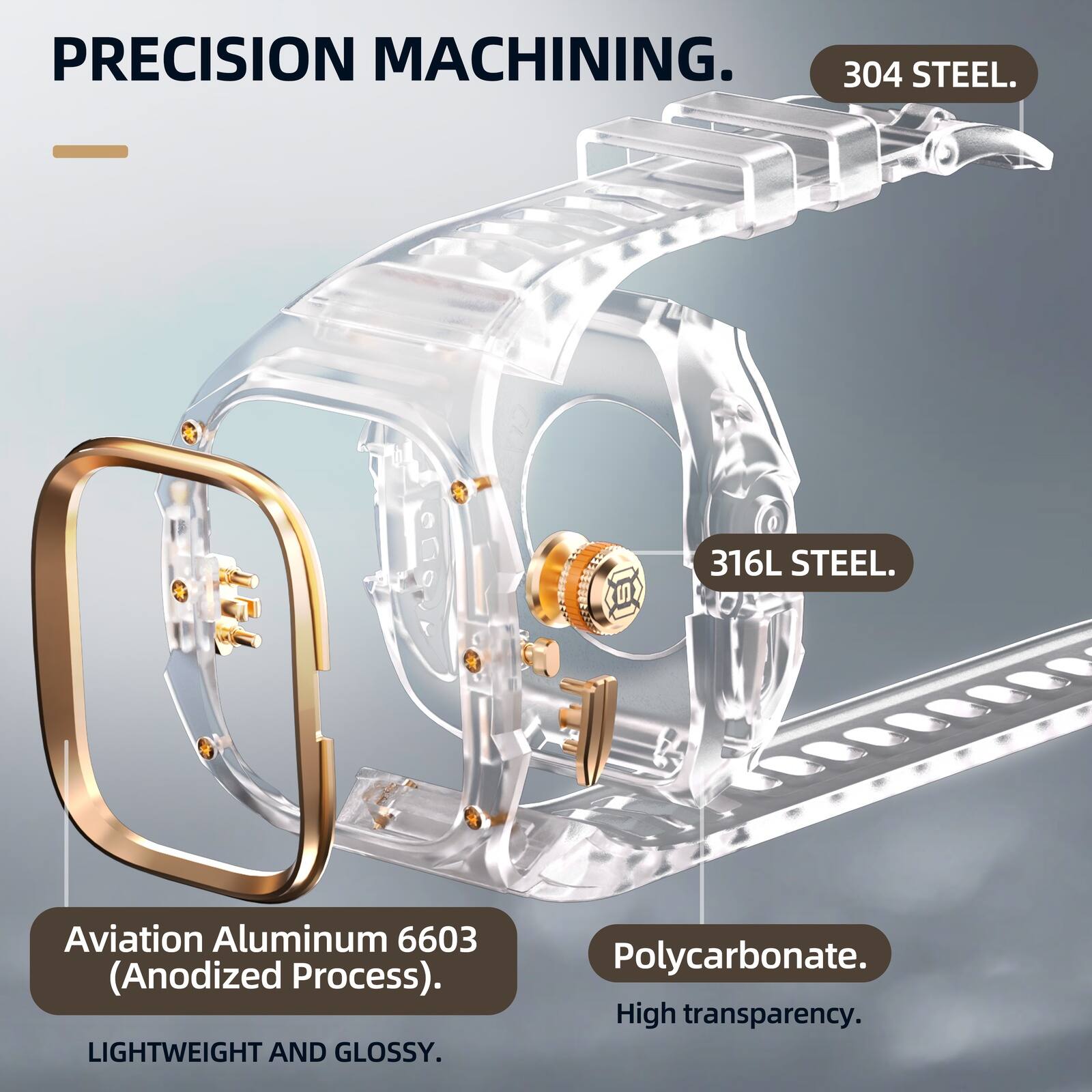 PRECISION MACHINING.  
304 STEEL.  
316L STEEL.  
Aviation Aluminum 6603 (Anodized Process).  
LIGHTWEIGHT AND GLOSSY.  
Polycarbonate.  
High transparency.