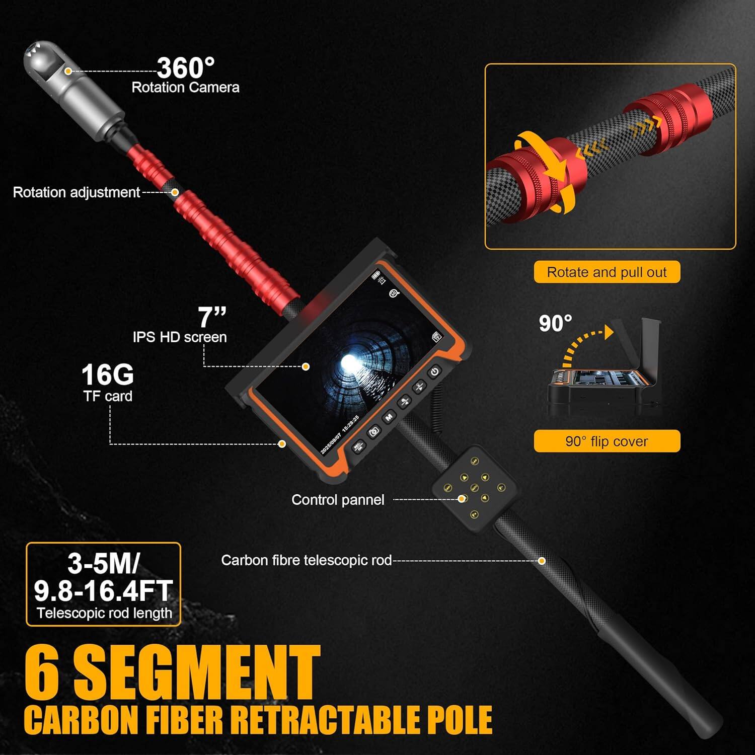 Alt View 2. Aukfa - Drain Camera with 360° Rotating Head - 7" HD Borescope, 3M Telescopic Pole, IP68 for Search/Rescue/Car Inspection.