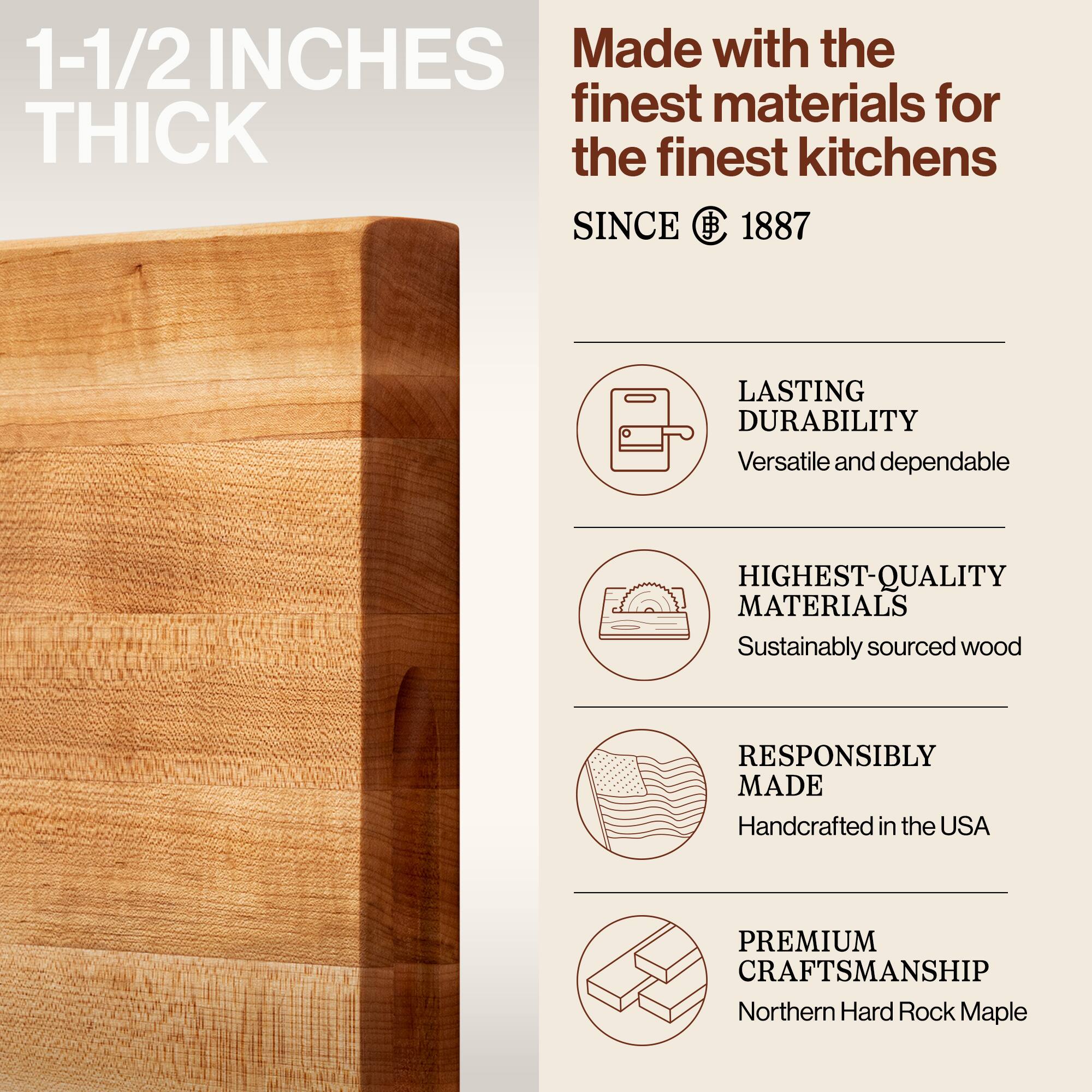 1-1/2 INCHES THICK

Made with the finest materials for the finest kitchens SINCE 1887

- LASTING DURABILITY
  Versatile and dependable

- HIGHEST-QUALITY MATERIALS
  Sustainably sourced wood

- RESPONSIBLY MADE
  Handcrafted in the USA

- PREMIUM CRAFTSMANSHIP
  Northern Hard Rock Maple