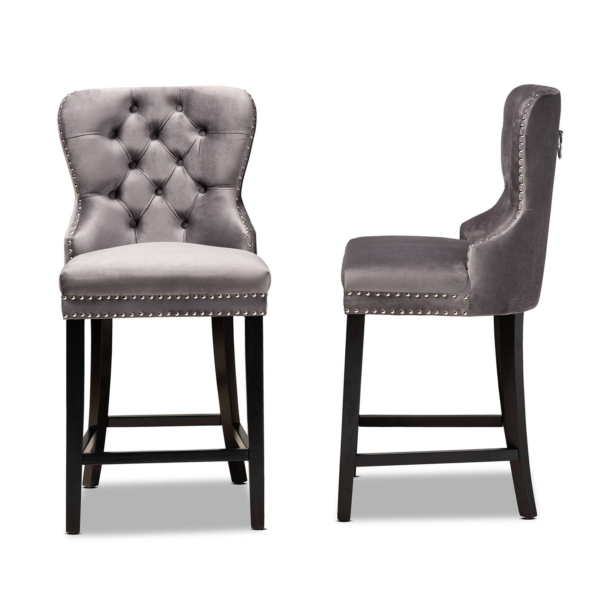 Left. Baxton Studio - Howell Modern Transitional Velvet Upholstered and Finished Wood 2-Piece Counter Stool Set - Grey/espresso brown.