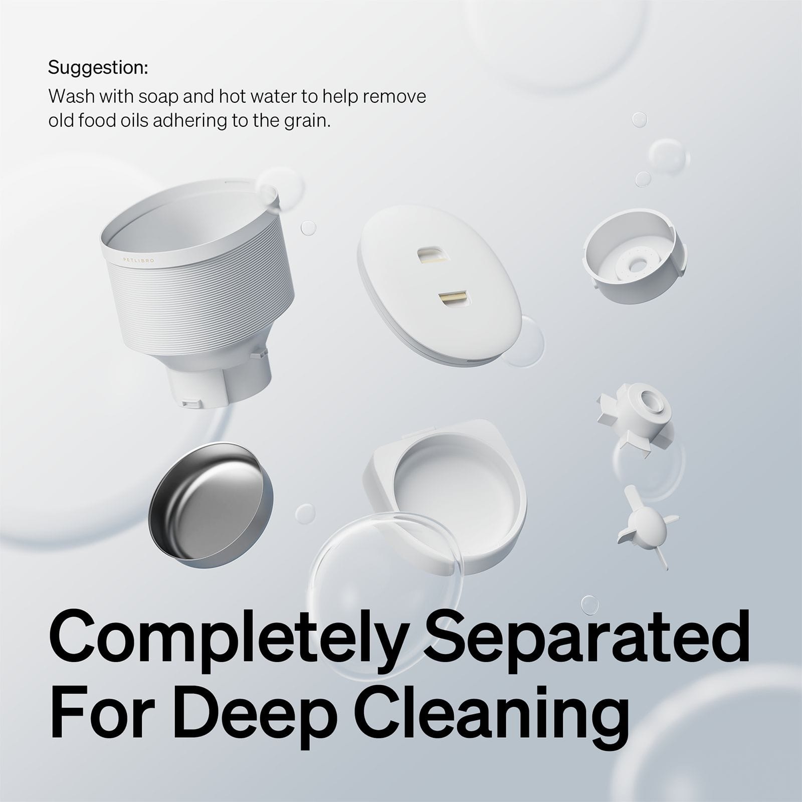 Suggestion: Wash with soap and hot water to help remove old food oils adhering to the grain. Completely Separated For Deep Cleaning.