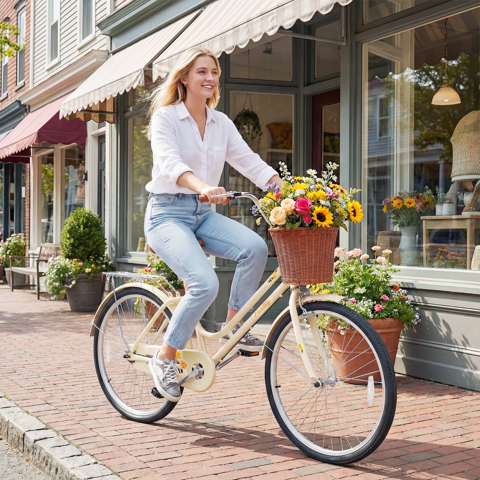 Alt View 3. Costway - Costway 24-Inch Beach Cruiser Bike,with Adjustable Seat, Woven Basket & Rear Rack - Beige.