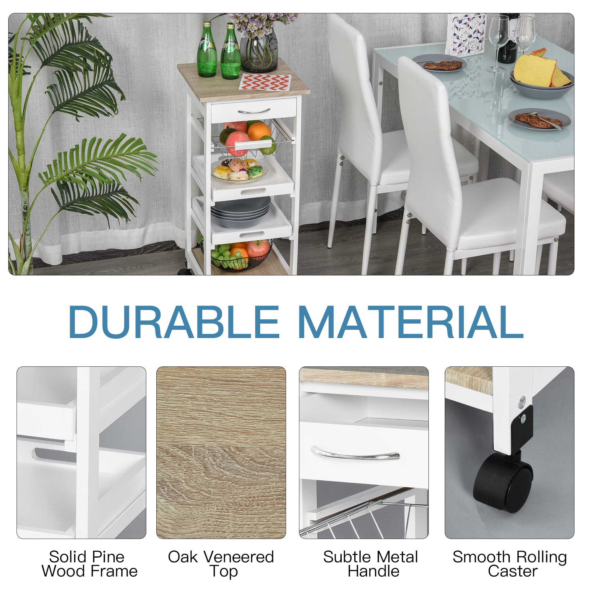 DURABLE MATERIAL
Solid Pine Wood Frame
Oak Veneered Top
Subtle Metal Handle
Smooth Rolling Caster