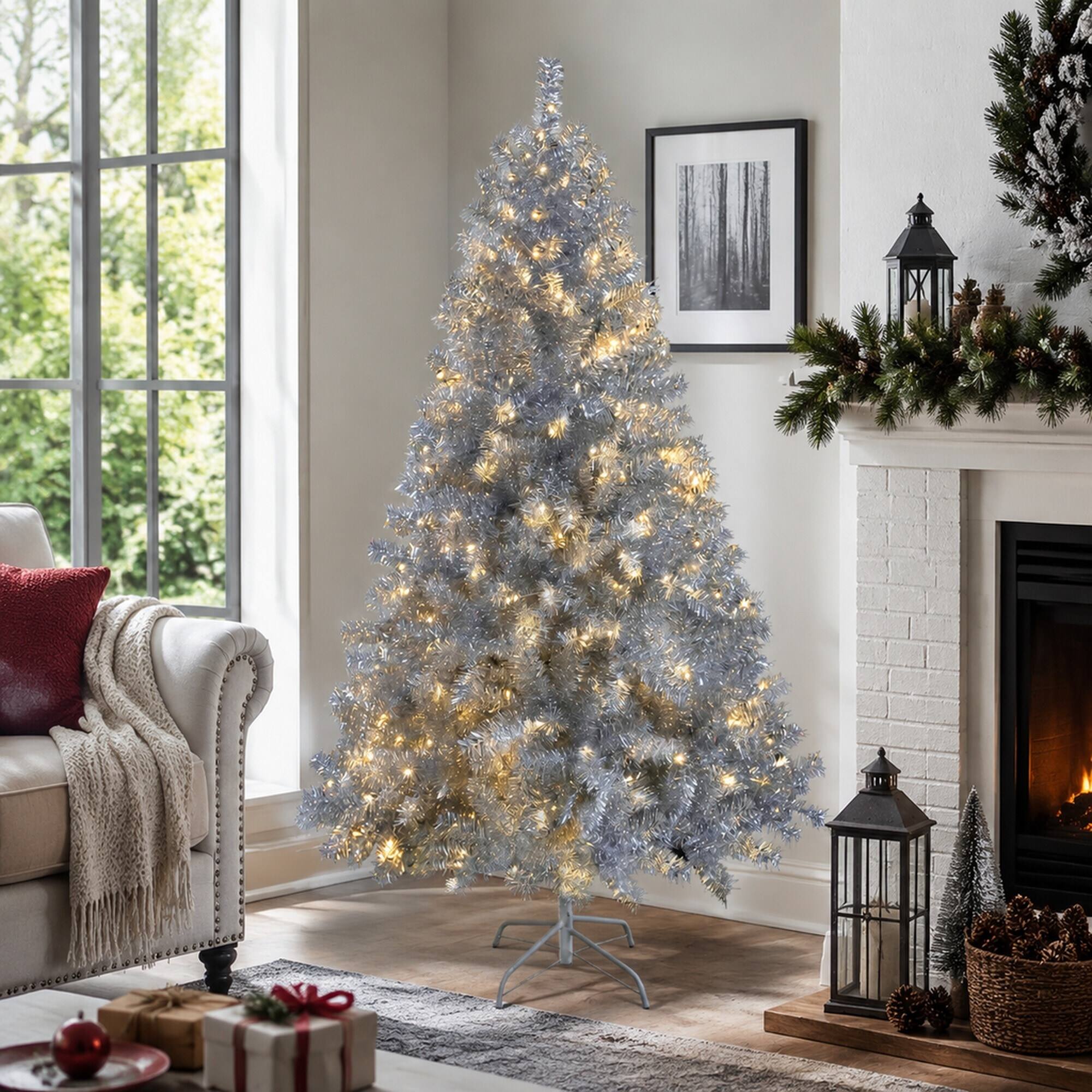 Back. RYHNUYNE - 6FT Silver Pre-Lit Artificial Christmas Tree, 800 Branch Tips 300 LED Lights 11 Lighting Modes Hinged Metal Stand - Silver.