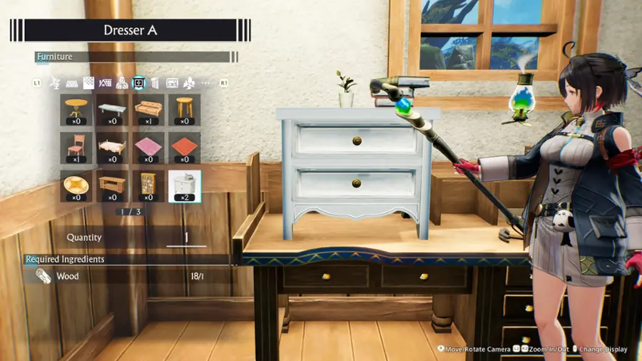 Dresser A Furniture L1 AE ... R1 x0 x0 x1 x0 x1 x0 x0 x0 C x0 x0 x0 x2 I/3 Quantity 1 Required Ingredients Wood 18/1 i Move/Rotate Camera L2 2 Zoom In/Out Change Display