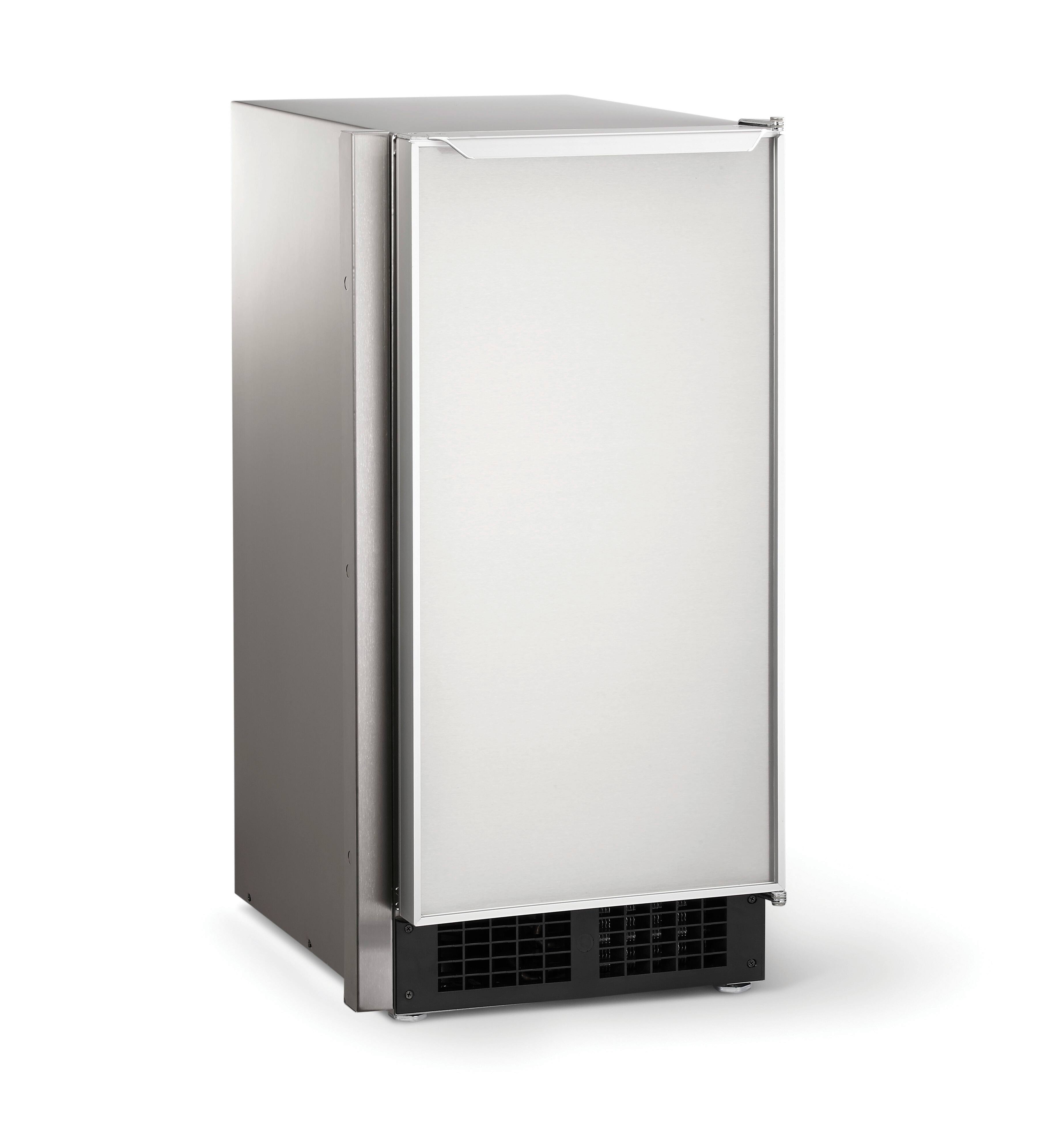 Angle. Scotsman - 30 lb Indoor Top Hat Ice Machine w. Aluminum Front Panel and Pump - Silver.
