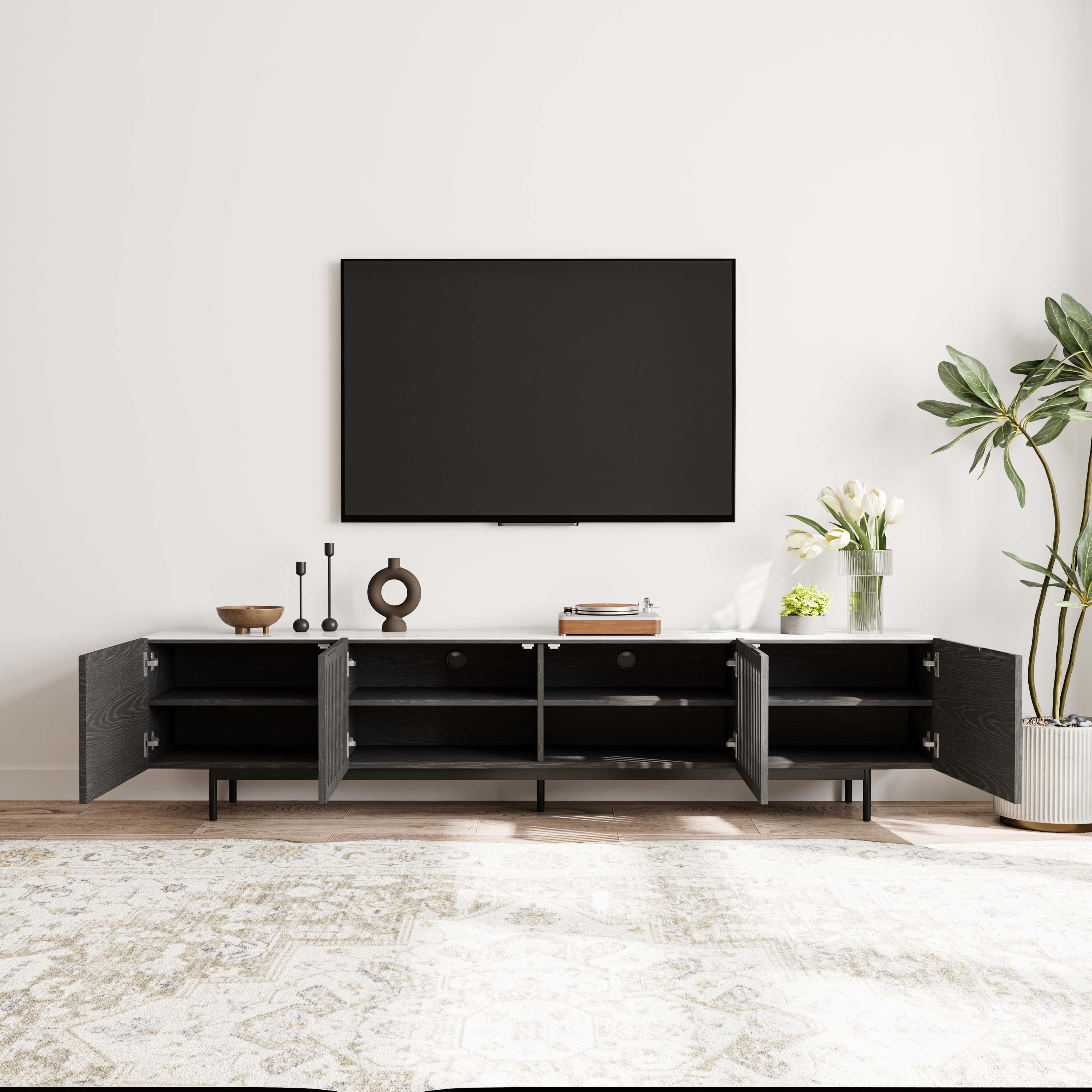 Alt View 10. POVISON - 94" Mid-Century Modern TV Stand with Sintered Stone, Black Veneer Wood with Slatted Cabinet, Tall-Cast Metal Legs - Black.