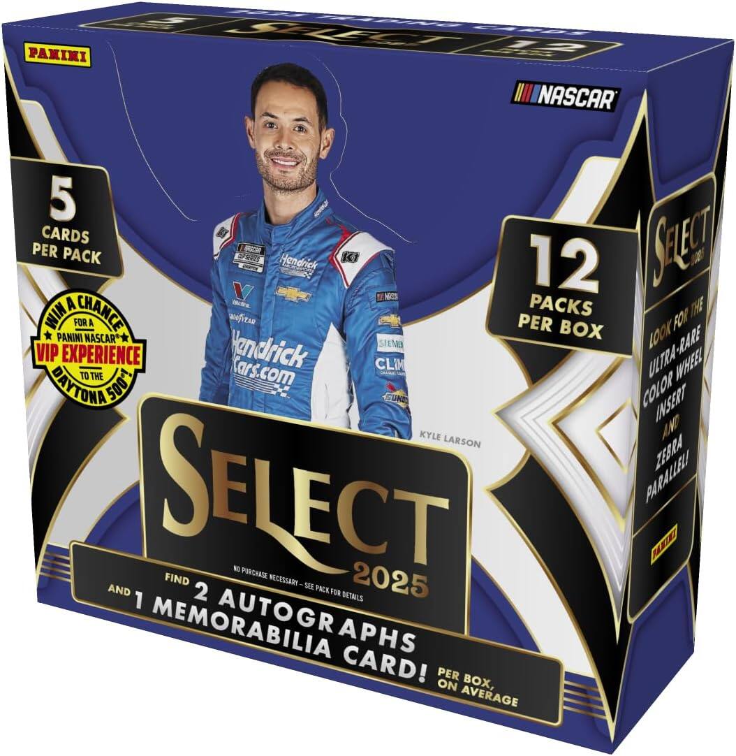 2023 TRADING CARDS PANINI SELECT 12 NASCAR 5 CARDS PER PACK 12 PACKS PER BOX

WIN A CHANCE FOR A PANINI NASCAR VIP EXPERIENCE TO THE DAYTONA 500

LOOK FOR THE ULTRA-RARE COLOR WHEEL INSERT AND ZEBRA PARALLEL!

FIND 2 AUTOGRAPHS AND 1 MEMORABILIA CARD! PER BOX, ON AVERAGE

NO PURCHASE NECESSARY - SEE PACK FOR DETAILS