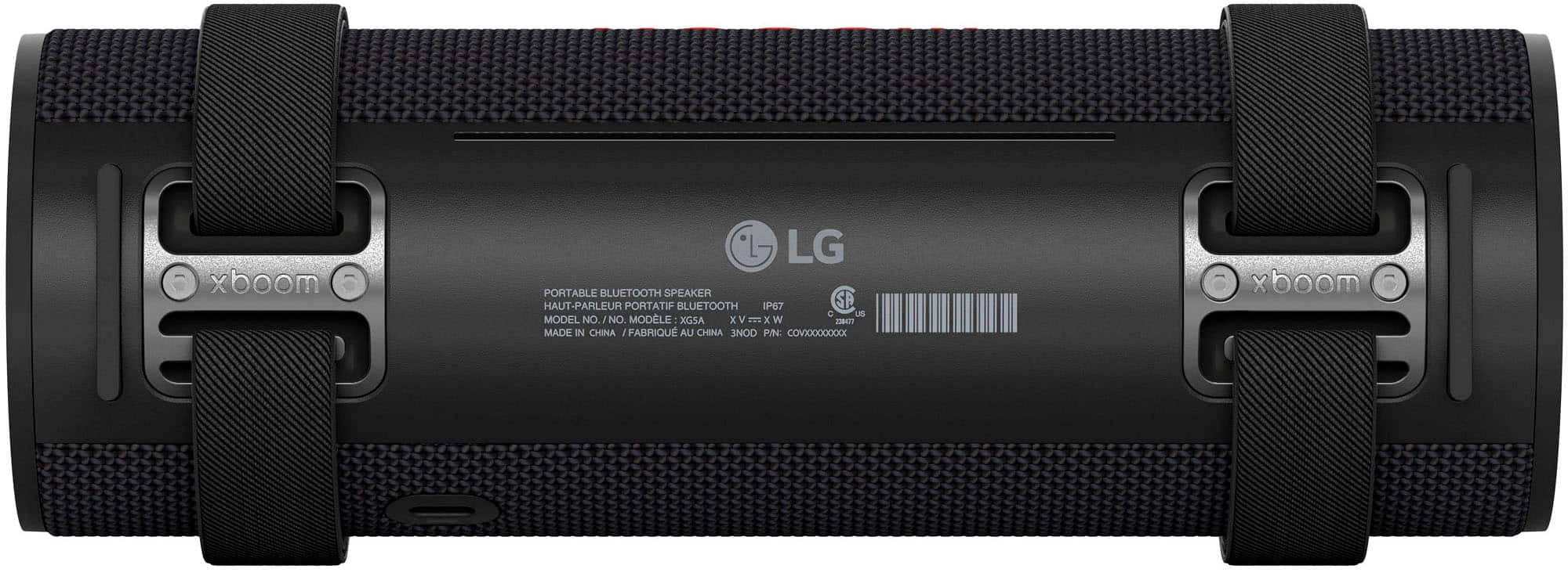 The text on the image reads: "xboom LG PORTABLE BLUETOOTH SPEAKER HAUT-PARLEUR PORTATIF BLUETOOTH IP67 SA C UB MODEL NO. NO. MODELE XGSA x XVmx V x W 1004!1 MADE IN CHINA FABRIQU AU CHINA 3NOD PIN: COV)0000XXX xboom."
