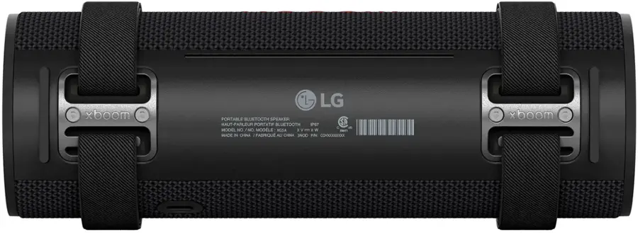 The text on the image reads: "xboom LG PORTABLE BLUETOOTH SPEAKER HAUT-PARLEUR PORTATIF BLUETOOTH IP67 SA C UB MODEL NO. NO. MODELE XGSA x XVmx V x W 1004!1 MADE IN CHINA FABRIQU AU CHINA 3NOD PIN: COV)0000XXX xboom."