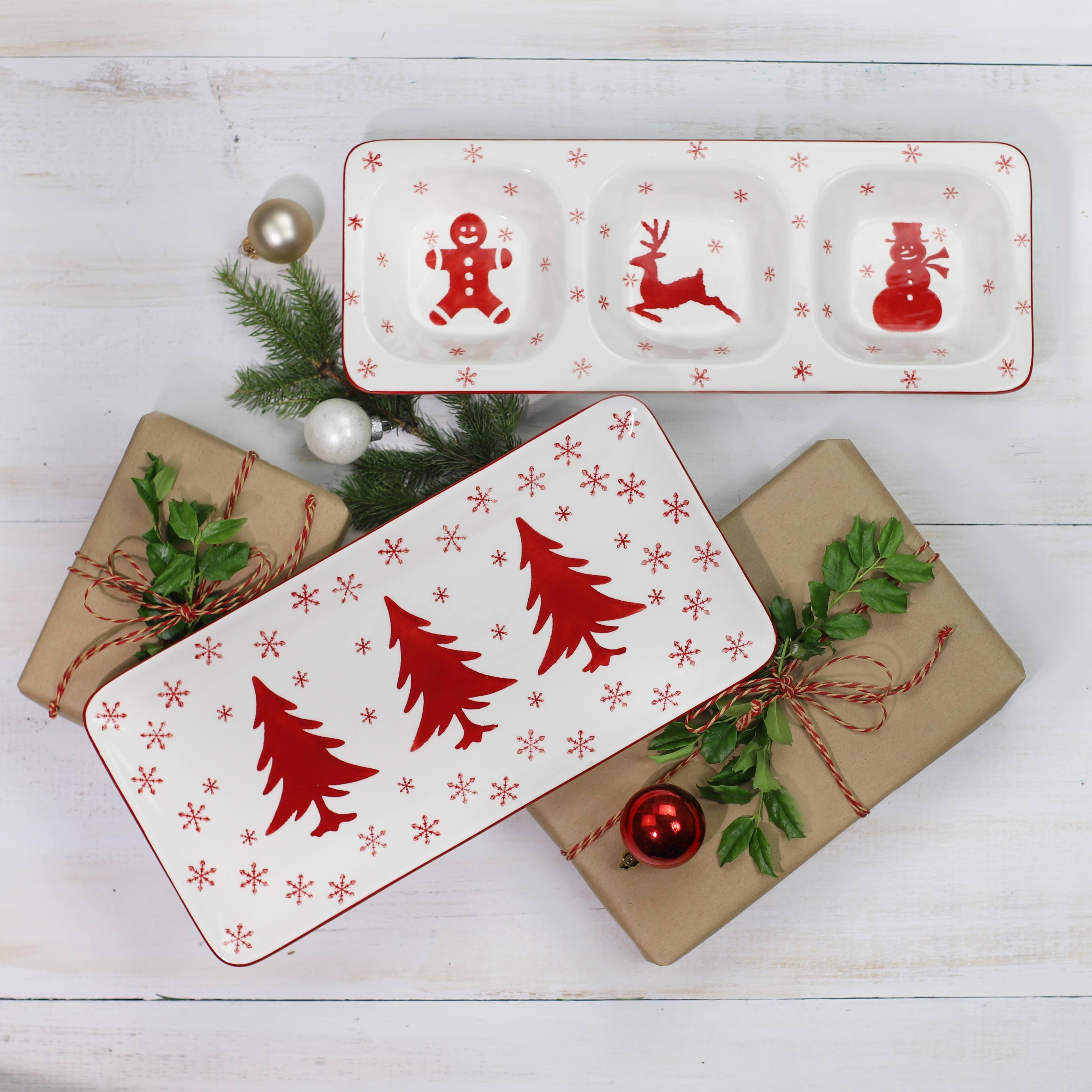 Left. Euro Ceramica Home - Winterfest 3 Part Divided Dish - White and Red.