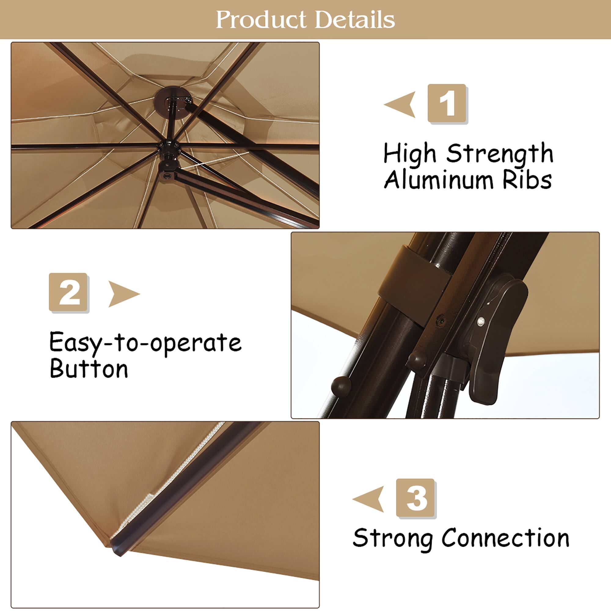 Product Details

1. High Strength Aluminum Ribs
2. Easy-to-operate Button
3. Strong Connection