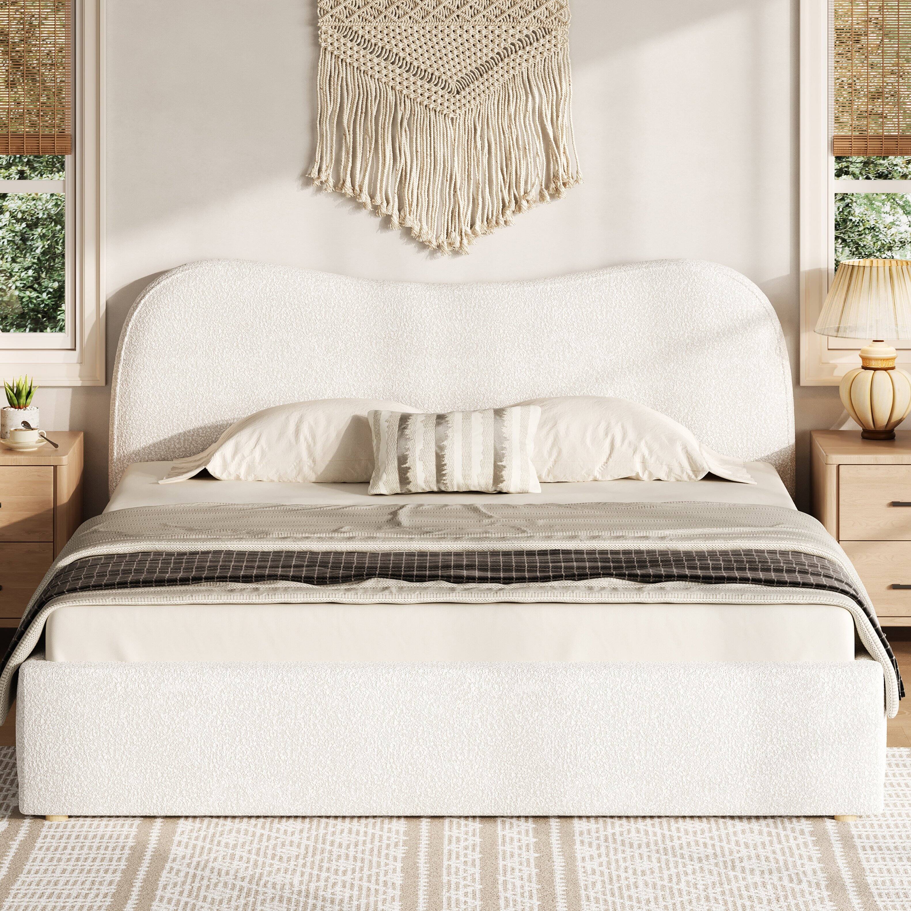 Angle. Whisen - Queen Size Bouclé Upholstered Platform Bed Frame with Wooden Slats for Modern Bedroom - White.