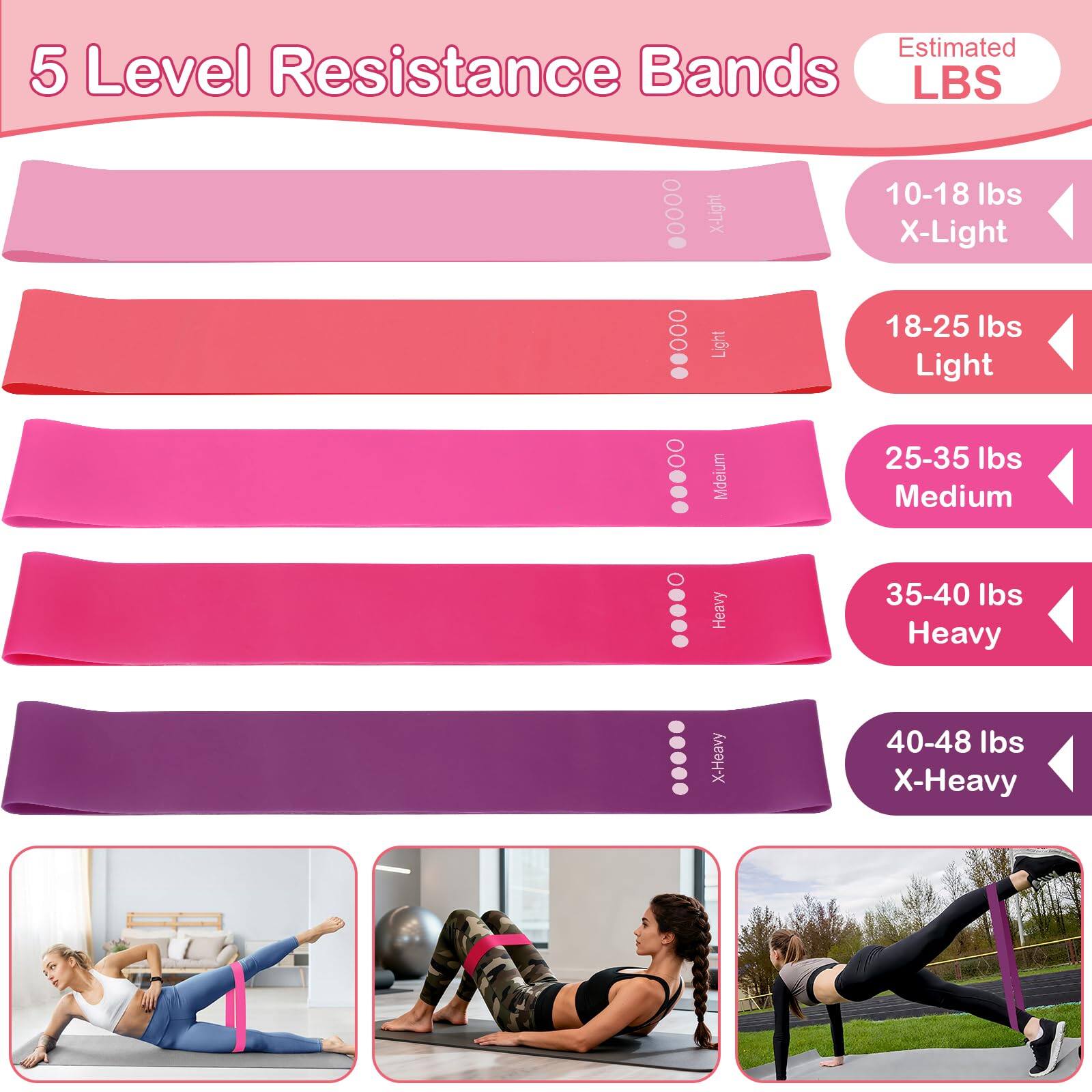 5 Level Resistance Bands

Estimated LBS

- X-Light: 10-18 lbs
- Light: 18-25 lbs
- Medium: 25-35 lbs
- Heavy: 35-40 lbs
- X-Heavy: 40-48 lbs