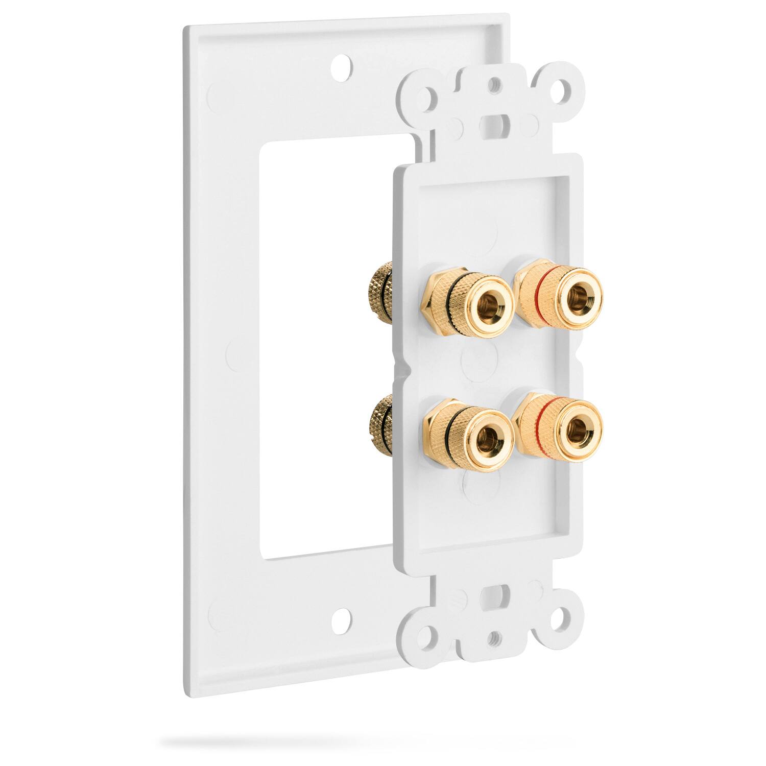 Back. Fosmon - 2 Pack Gold Plated Speaker Wall Plate, Home Theater Audio Wall Plate For Speaker Wire, Copper Banana for 2 Speakers - White.