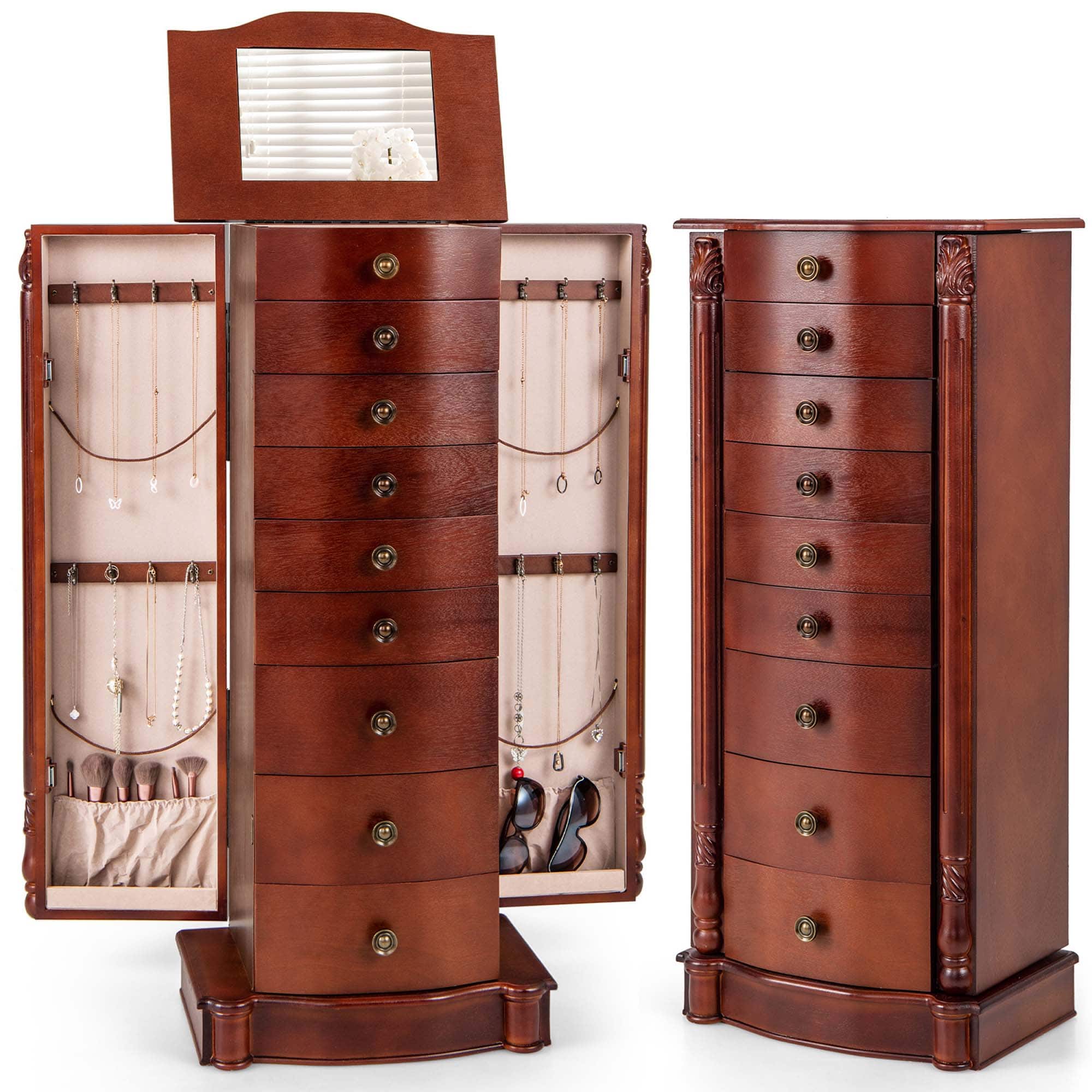 Front. Costway - Wood Jewelry Cabinet Storage Chest Stand Organizer Necklace - Walnut.