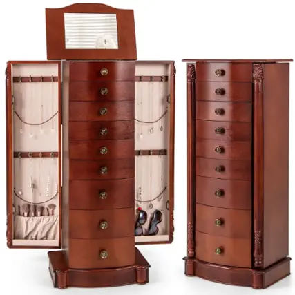 Costway - Wood Jewelry Cabinet Storage Chest Stand Organizer Necklace - Walnut