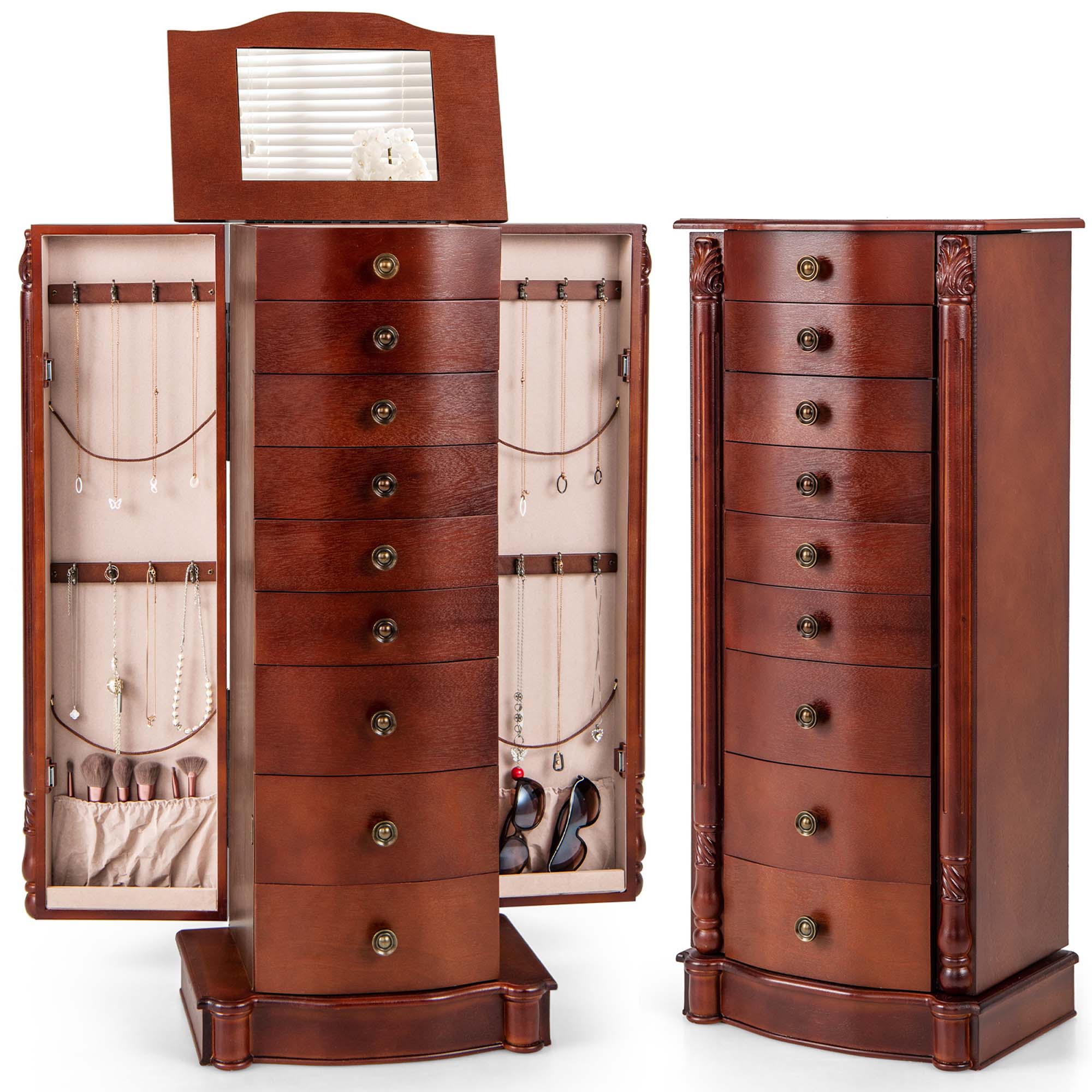 Front. Costway - Wood Jewelry Cabinet Storage Chest Stand Organizer Necklace - Walnut.