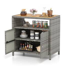 Ecooso - Rattan Storage Cabinet Buffet Organizer with Acacia Wood Top for Patio or Poolside Use - Gray