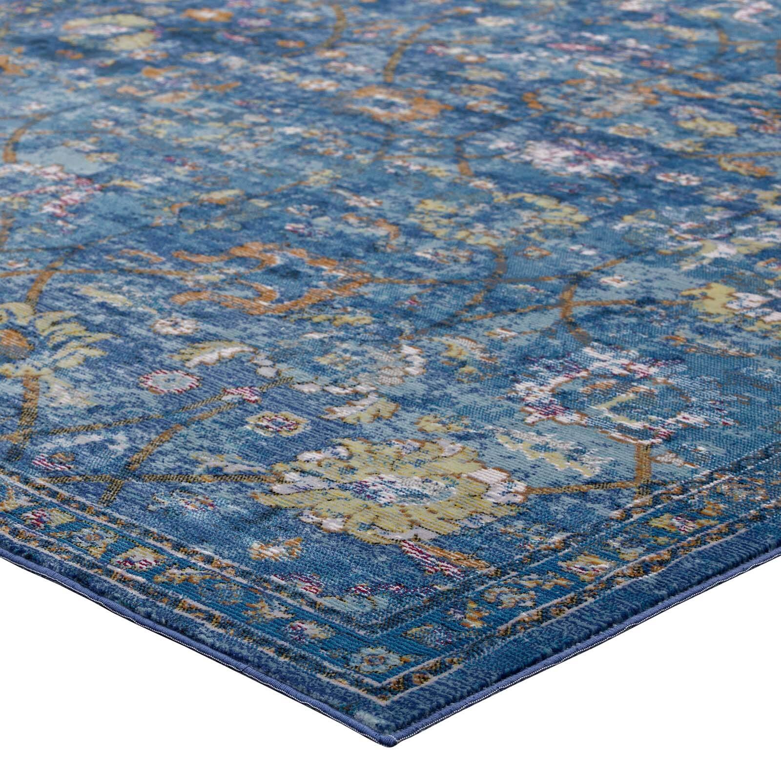 Alt View 2. Modway - Minu Distressed Floral Lattice Area Rug - Dark Blue Yellow and Orange.