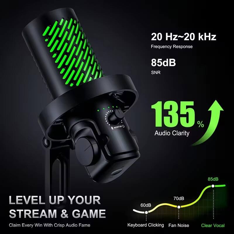 20 Hz~20 kHz Frequency Response  
85dB SNR  
MONITOR  
135% Audio Clarity  
85dB  
LEVEL UP YOUR STREAM & GAME  
Claim Every Win With Crisp Audio Fame  
70dB 60dB Keyboard Clicking Fan Noise  
Clear Vocal